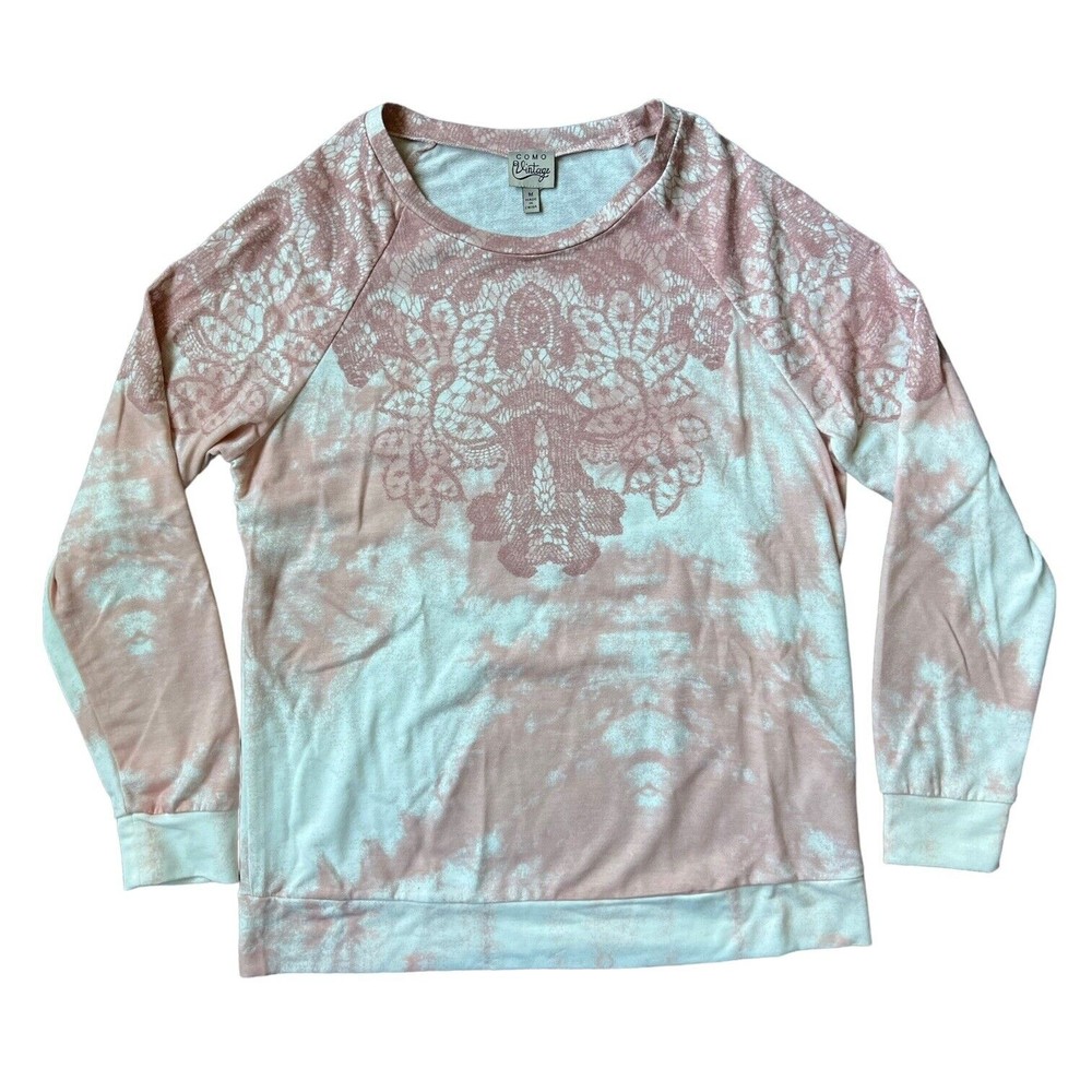 Como Vintage Womens M Medium Sweatshirt Mauve Combo Lightweight Pink Lace Raglan